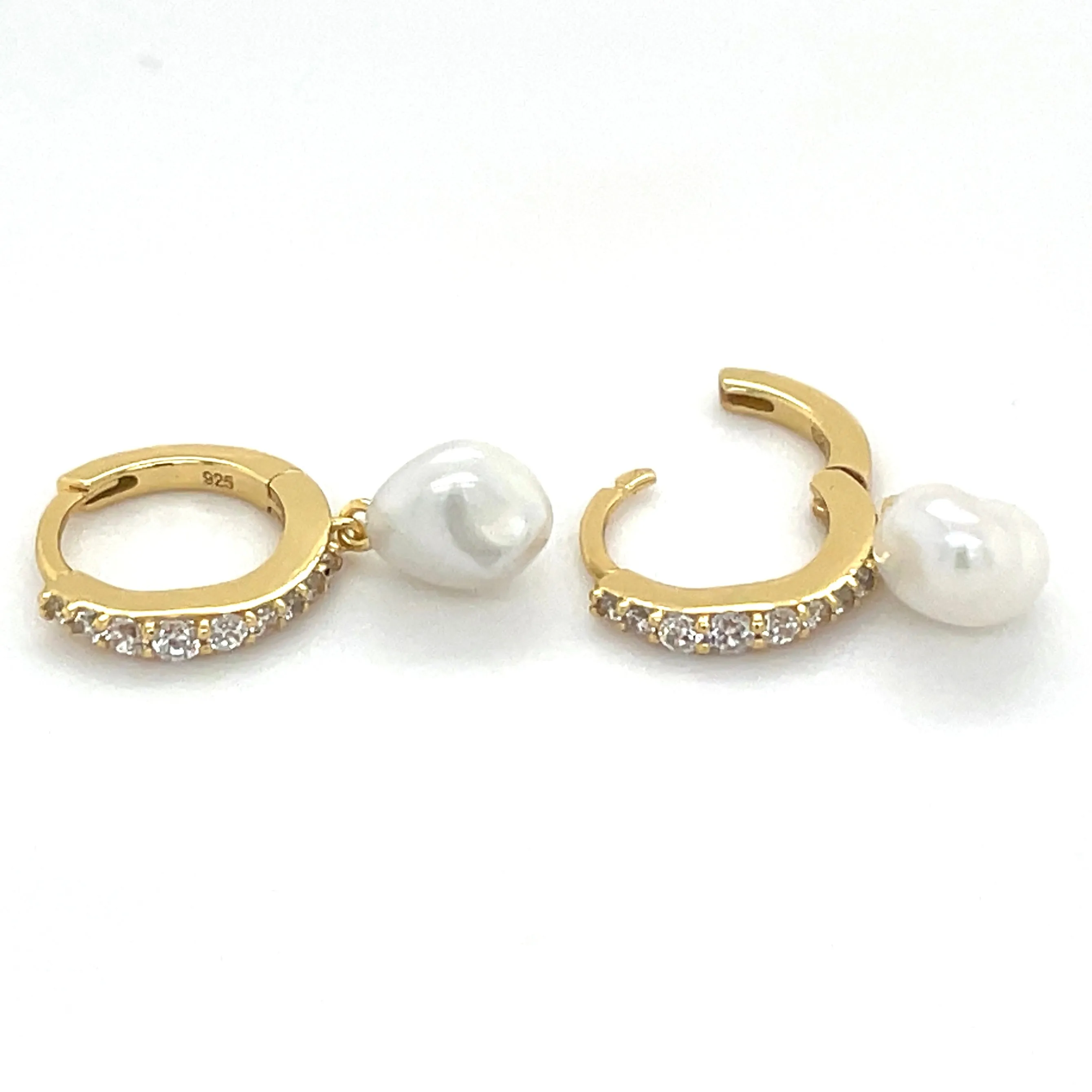 Golden Tapered Cz Hoops With Pearl Drop