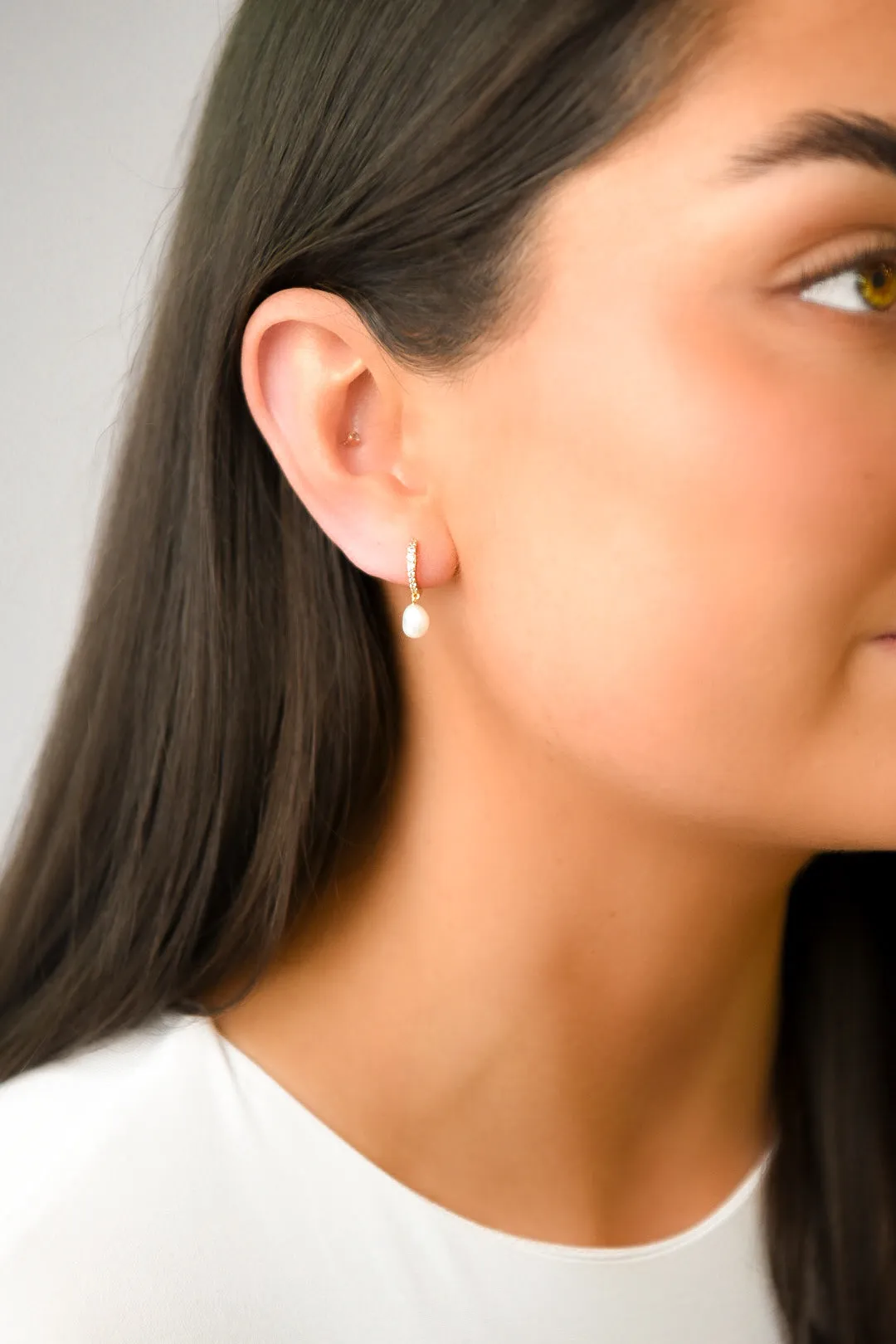 Golden Tapered Cz Hoops With Pearl Drop