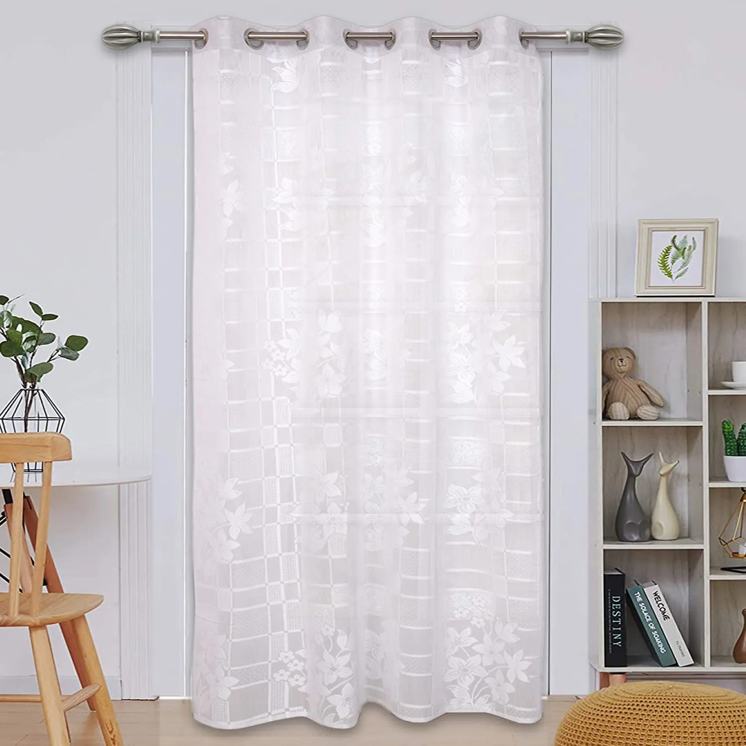 Heart Home Flower Print 7 Feet Cotton Door Curtain for Living Room, Bed Room, Kids Room with 8 Eyelets (White)-50HH01048