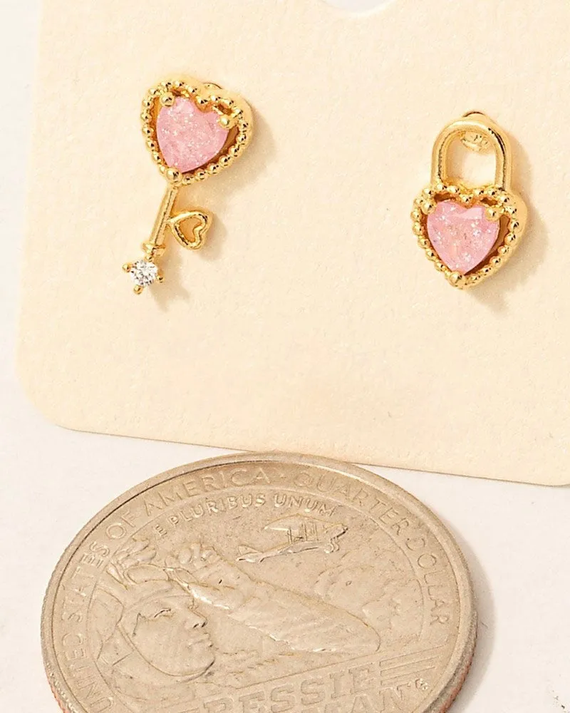 Heart Lock and Key Stud Earrings