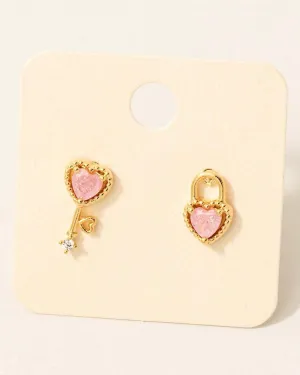 Heart Lock and Key Stud Earrings