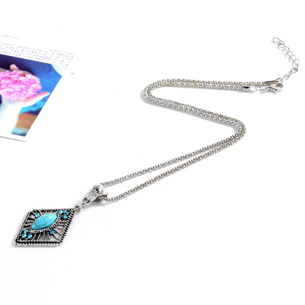 Hot selling Fashion Tibetan Silver Turquoise Pendant Necklace Chain Boho Bohemian Chic For Valentine's Day