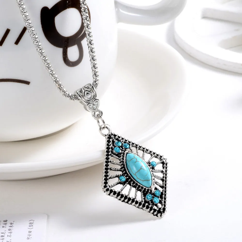 Hot selling Fashion Tibetan Silver Turquoise Pendant Necklace Chain Boho Bohemian Chic For Valentine's Day