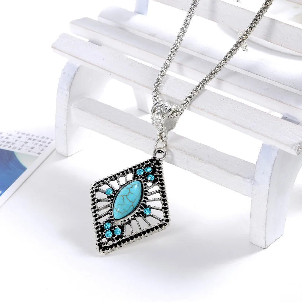 Hot selling Fashion Tibetan Silver Turquoise Pendant Necklace Chain Boho Bohemian Chic For Valentine's Day