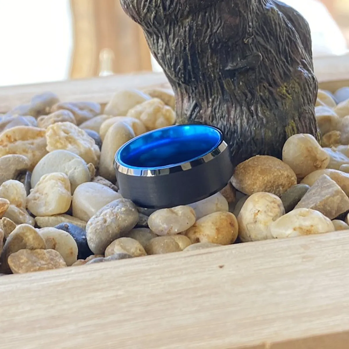 ICECUBE | Blue Ring, Black Tungsten Ring, Brushed, Beveled