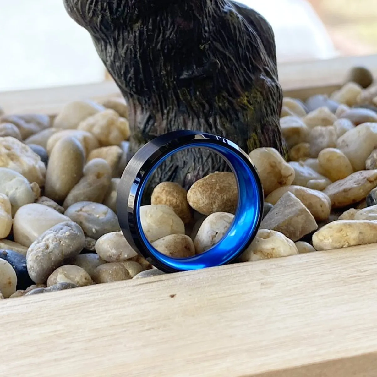 ICECUBE | Blue Ring, Black Tungsten Ring, Brushed, Beveled