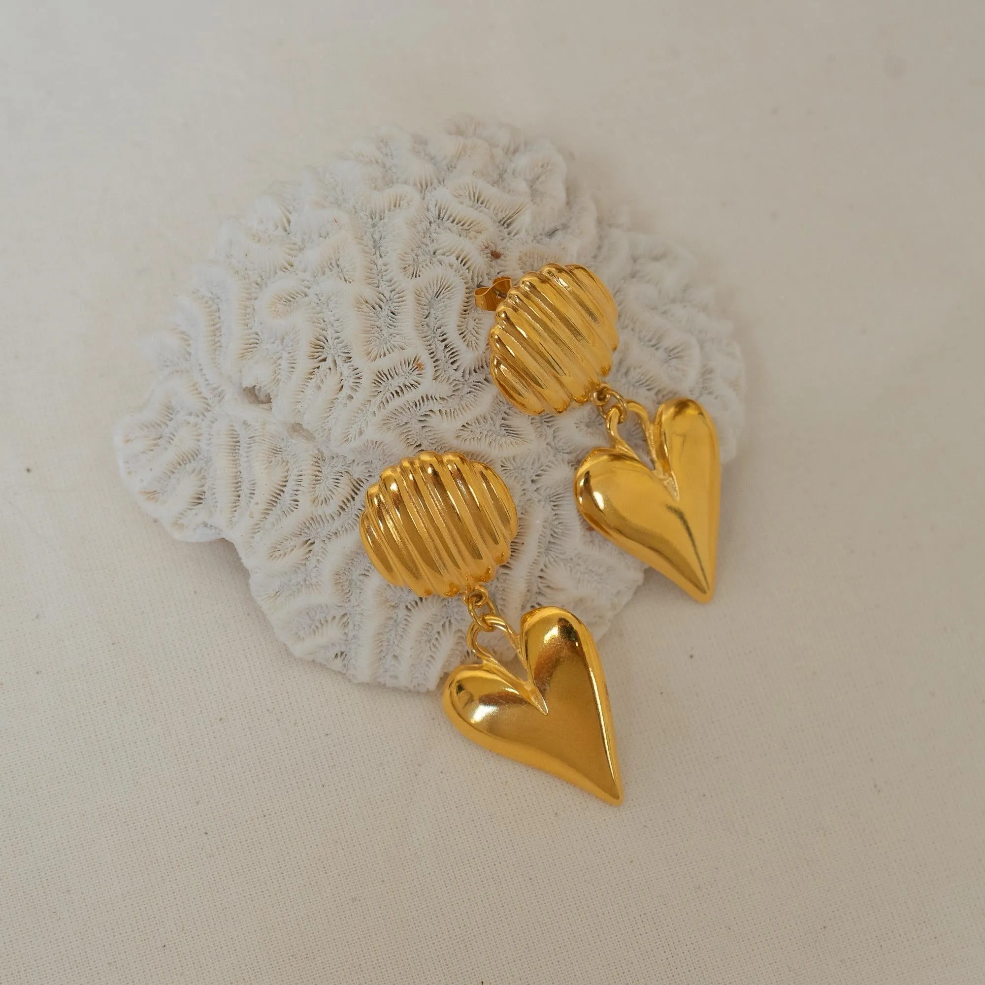 Large Gold Dangling Heart Stud Earrings