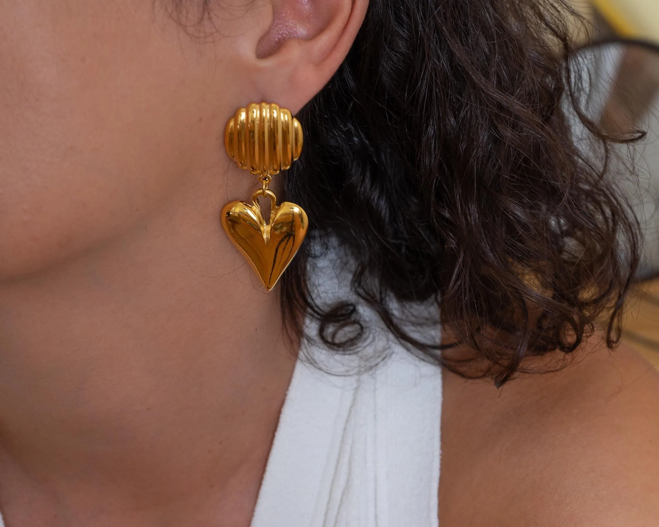 Large Gold Dangling Heart Stud Earrings