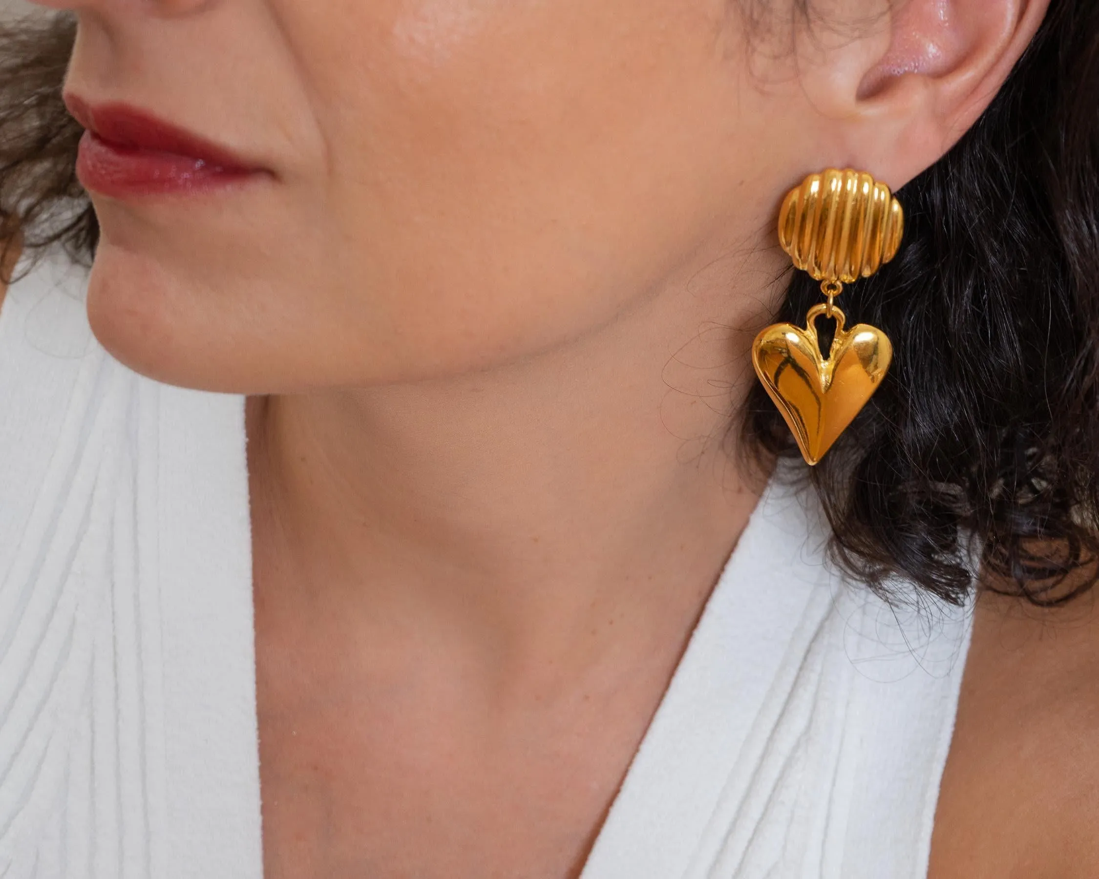 Large Gold Dangling Heart Stud Earrings