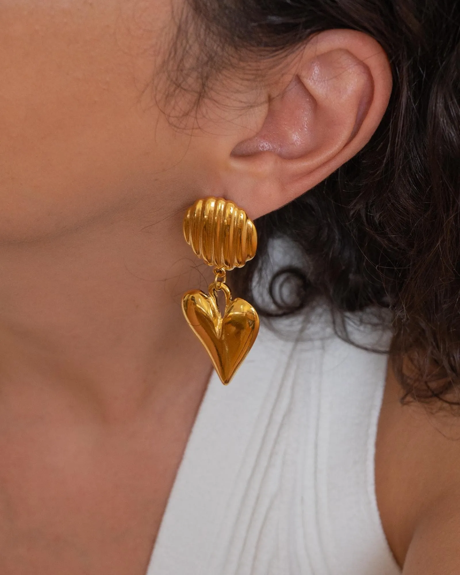 Large Gold Dangling Heart Stud Earrings