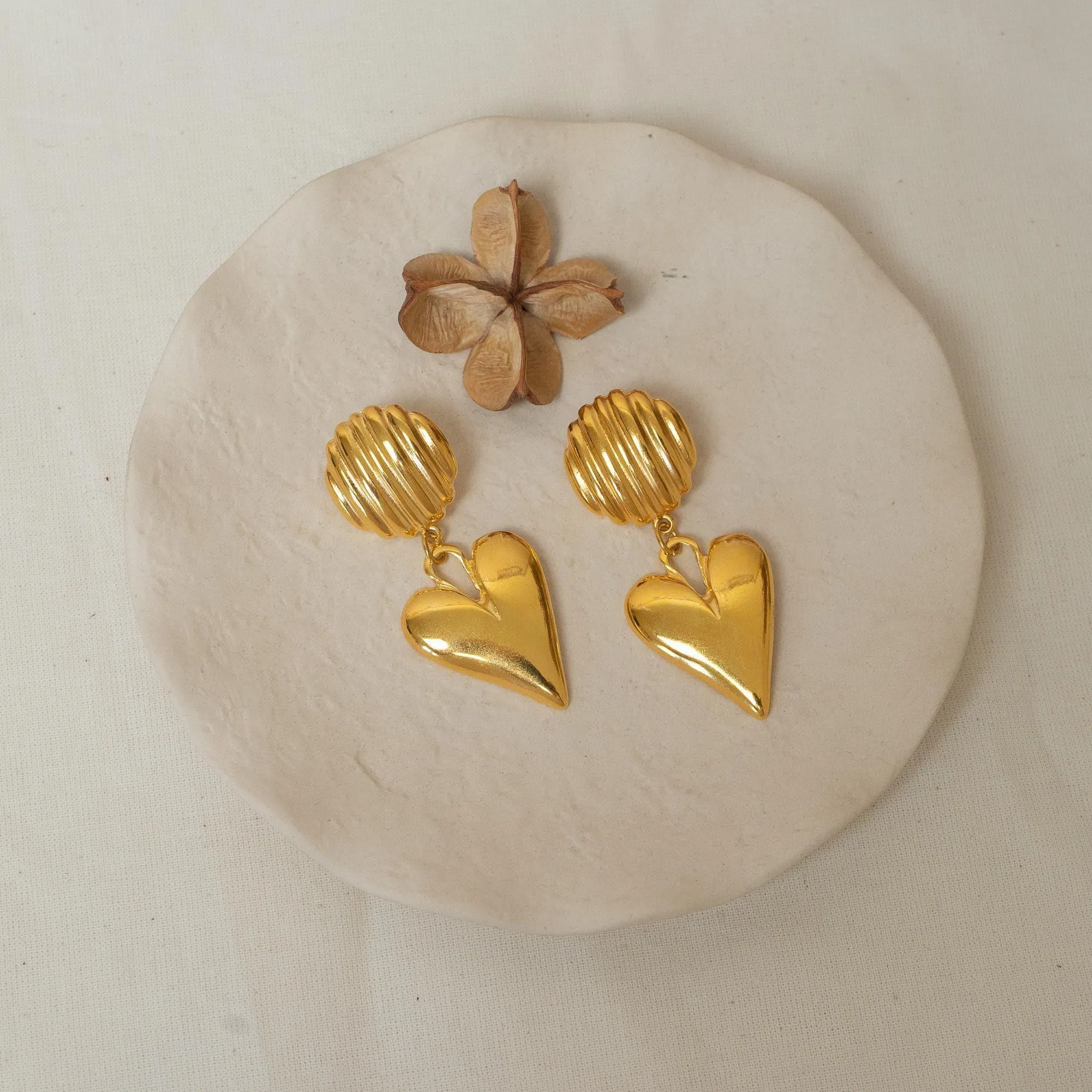 Large Gold Dangling Heart Stud Earrings