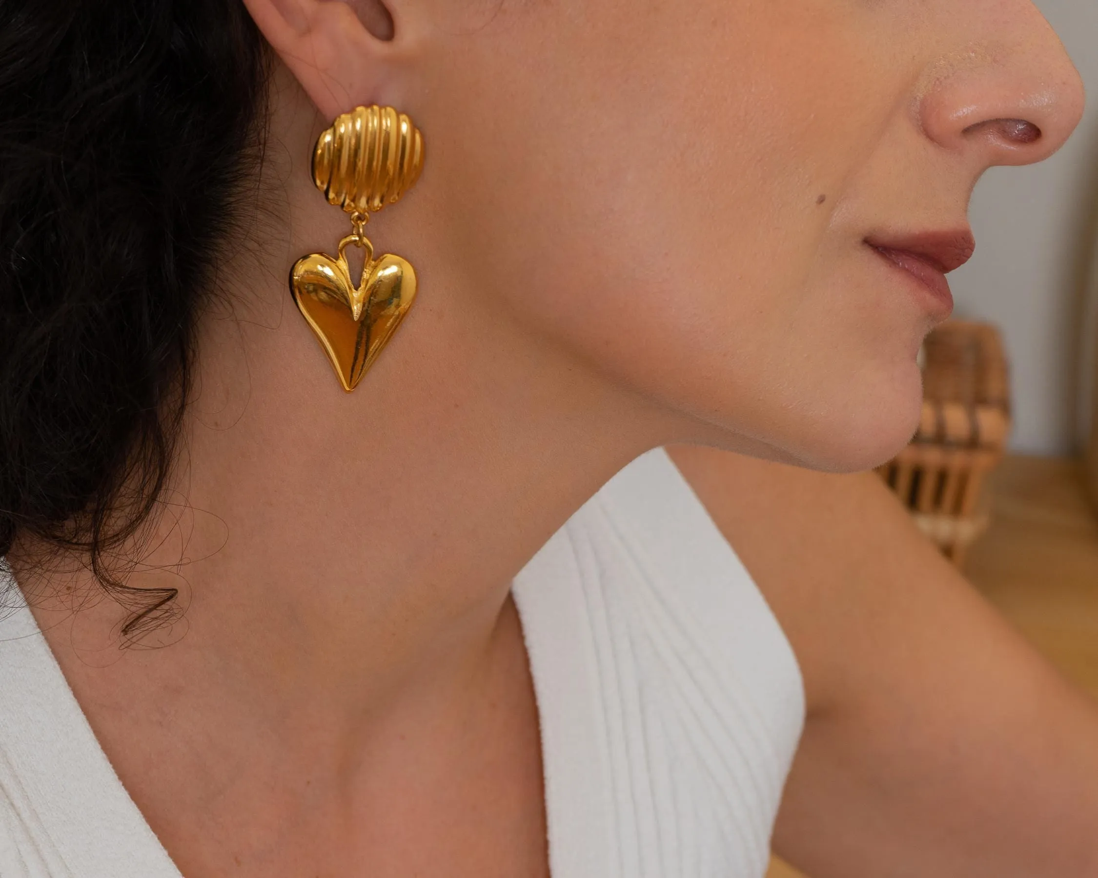 Large Gold Dangling Heart Stud Earrings