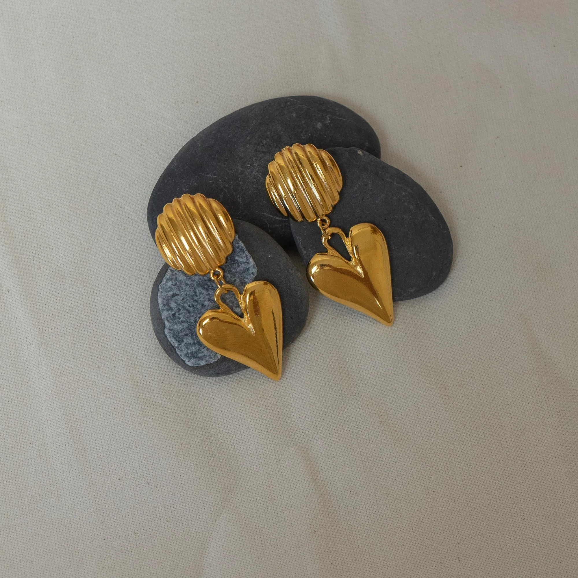 Large Gold Dangling Heart Stud Earrings