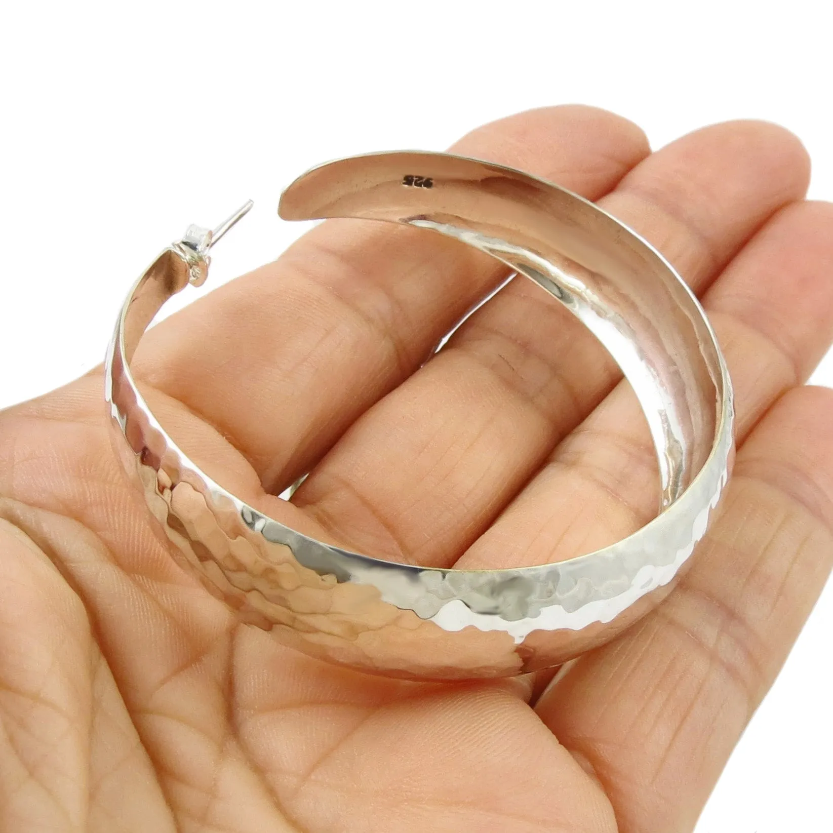 Large Sterling Silver Hand Hammered Circle Hoop Earrings for Women