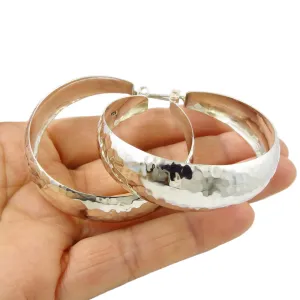 Large Sterling Silver Hand Hammered Circle Hoop Earrings for Women