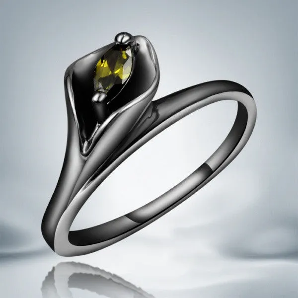 Latest design trendy turkish engagement rings black gold calla shaped zircon ring best friends gift