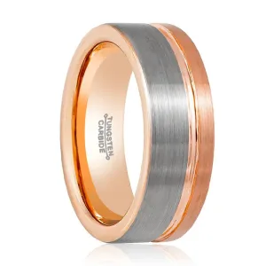 LEONEL | Silver Tungsten Ring, Silver Brushed, Rose Gold Groove, Flat