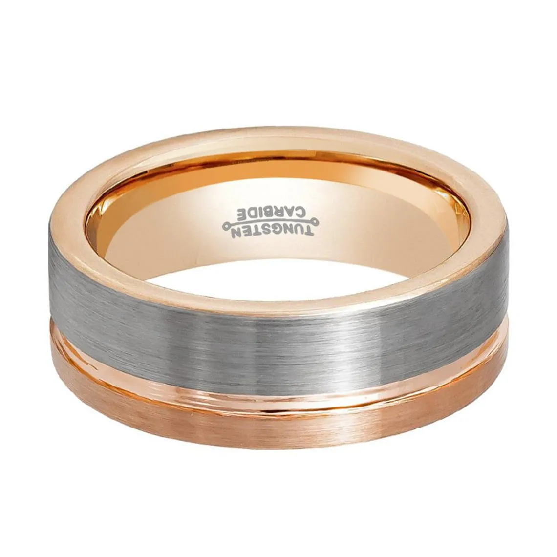 LEONEL | Silver Tungsten Ring, Silver Brushed, Rose Gold Groove, Flat