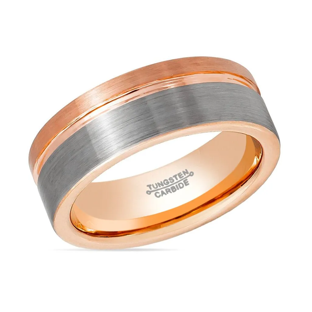 LEONEL | Silver Tungsten Ring, Silver Brushed, Rose Gold Groove, Flat