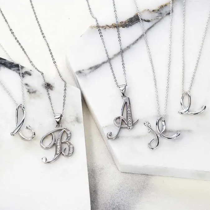 Letter Alphabet Script Initial Pendant Necklace .925 Sterling Silver