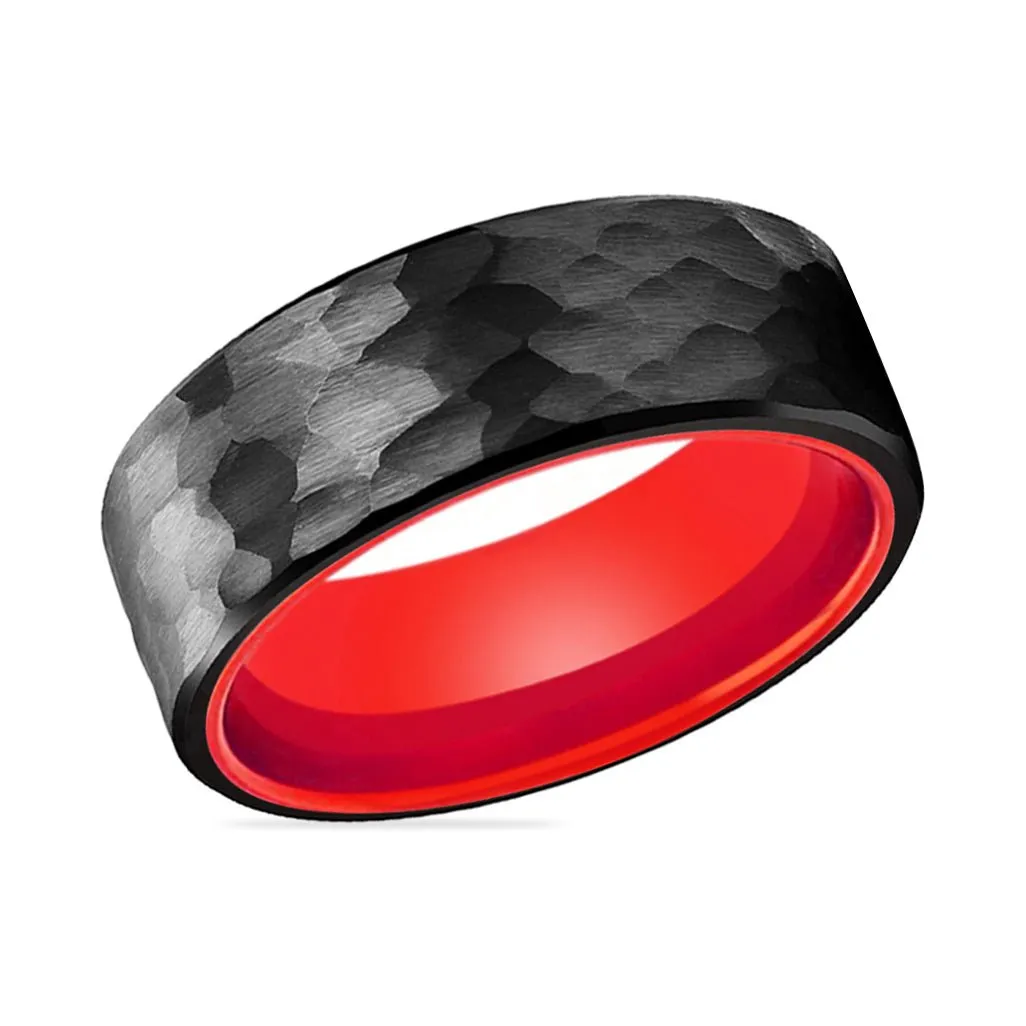 MARS | Red Ring, Black Tungsten Ring, Hammered, Flat