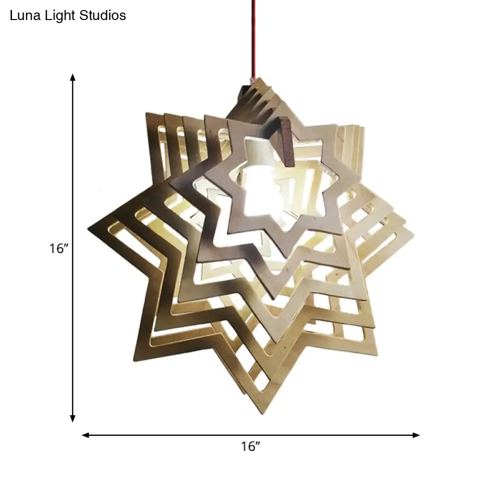 Modern Anise Star Wood Hanging Lamp Kit with Hollowed-out Design - 1 Head, Beige