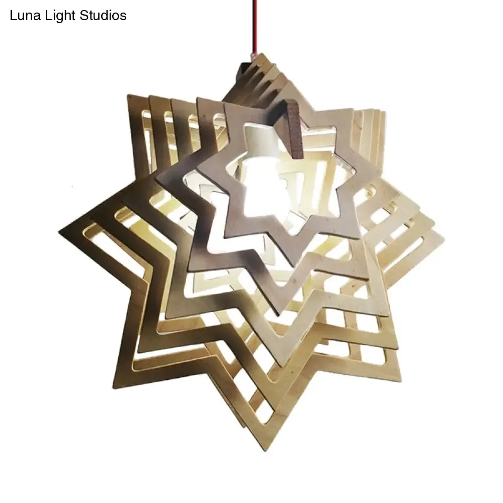 Modern Anise Star Wood Hanging Lamp Kit with Hollowed-out Design - 1 Head, Beige