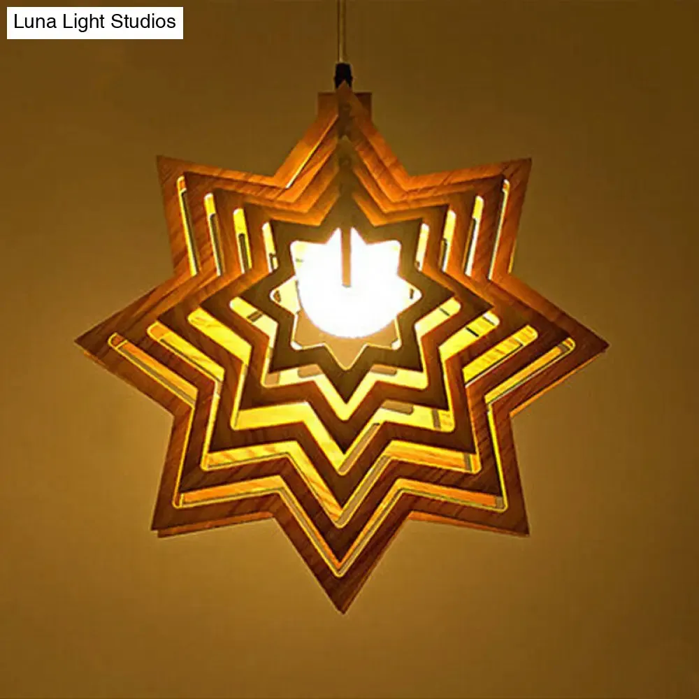 Modern Anise Star Wood Hanging Lamp Kit with Hollowed-out Design - 1 Head, Beige