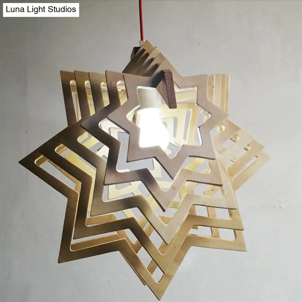 Modern Anise Star Wood Hanging Lamp Kit with Hollowed-out Design - 1 Head, Beige