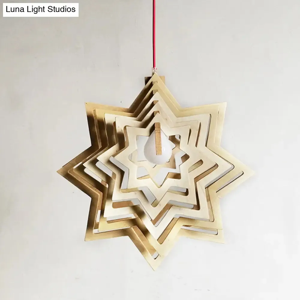 Modern Anise Star Wood Hanging Lamp Kit with Hollowed-out Design - 1 Head, Beige