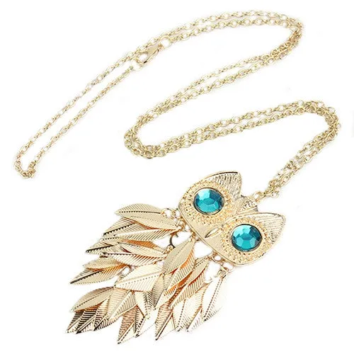 New Fashionable Stylish Gold Leaves Owl Charm Chain Long Women Pendant Necklace