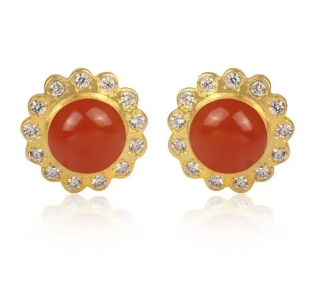 Orange Carnelian Gemstone Gold Stud Earrings 1”