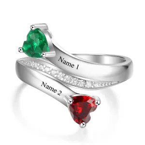 Personalized Heart Birthstone Custom Engrave 2 Names Promise Ring Love 925 Sterling Silver Anniversary Gift