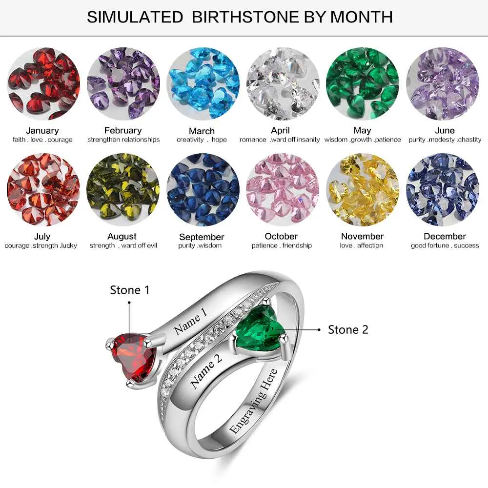 Personalized Heart Birthstone Custom Engrave 2 Names Promise Ring Love 925 Sterling Silver Anniversary Gift