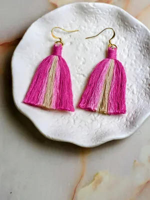 "Ivanna" Pink and Beige Striped Tassel Earrings Gold Plated