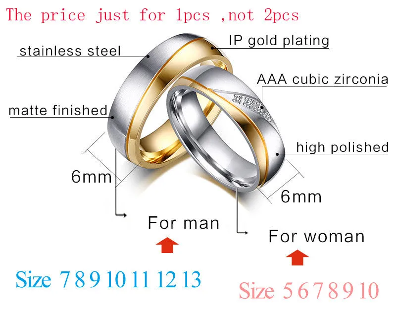 Rings For Women Man CZ Diamond Wedding Ring 18k Gold Plated Stainless Steel Promise Jewelry