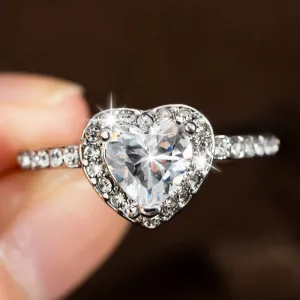 Rose Gold Crystal Heart Shaped  Wedding Rings For Women Luxury Elegant Zircon Engagement Rings  Jewelry