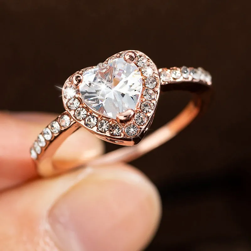 Rose Gold Crystal Heart Shaped  Wedding Rings For Women Luxury Elegant Zircon Engagement Rings  Jewelry