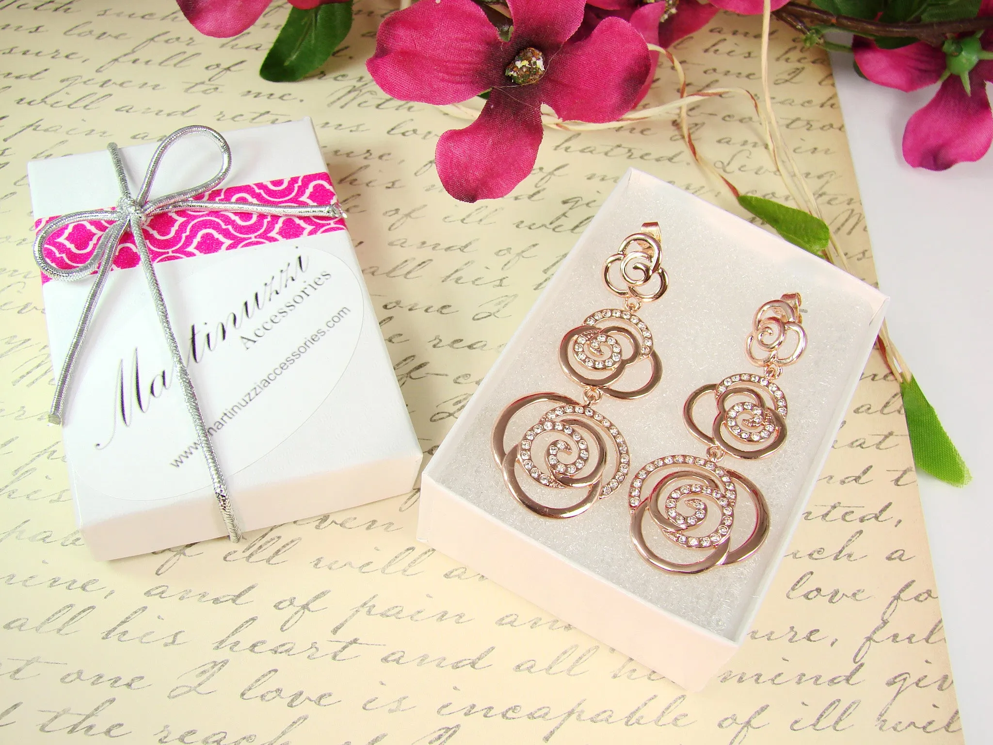 Rose Gold Tone Drop Flower Earrings with Crystals