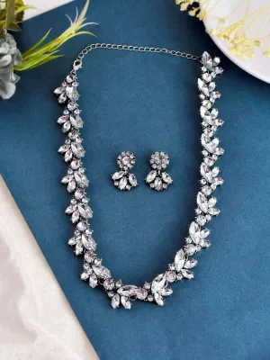 Silver Leaf Crystal Necklace With Earring