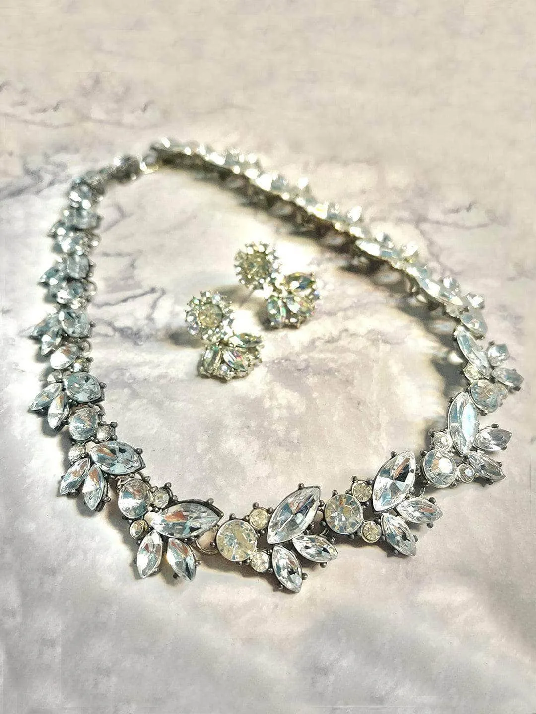 Silver Leaf Crystal Necklace With Earring