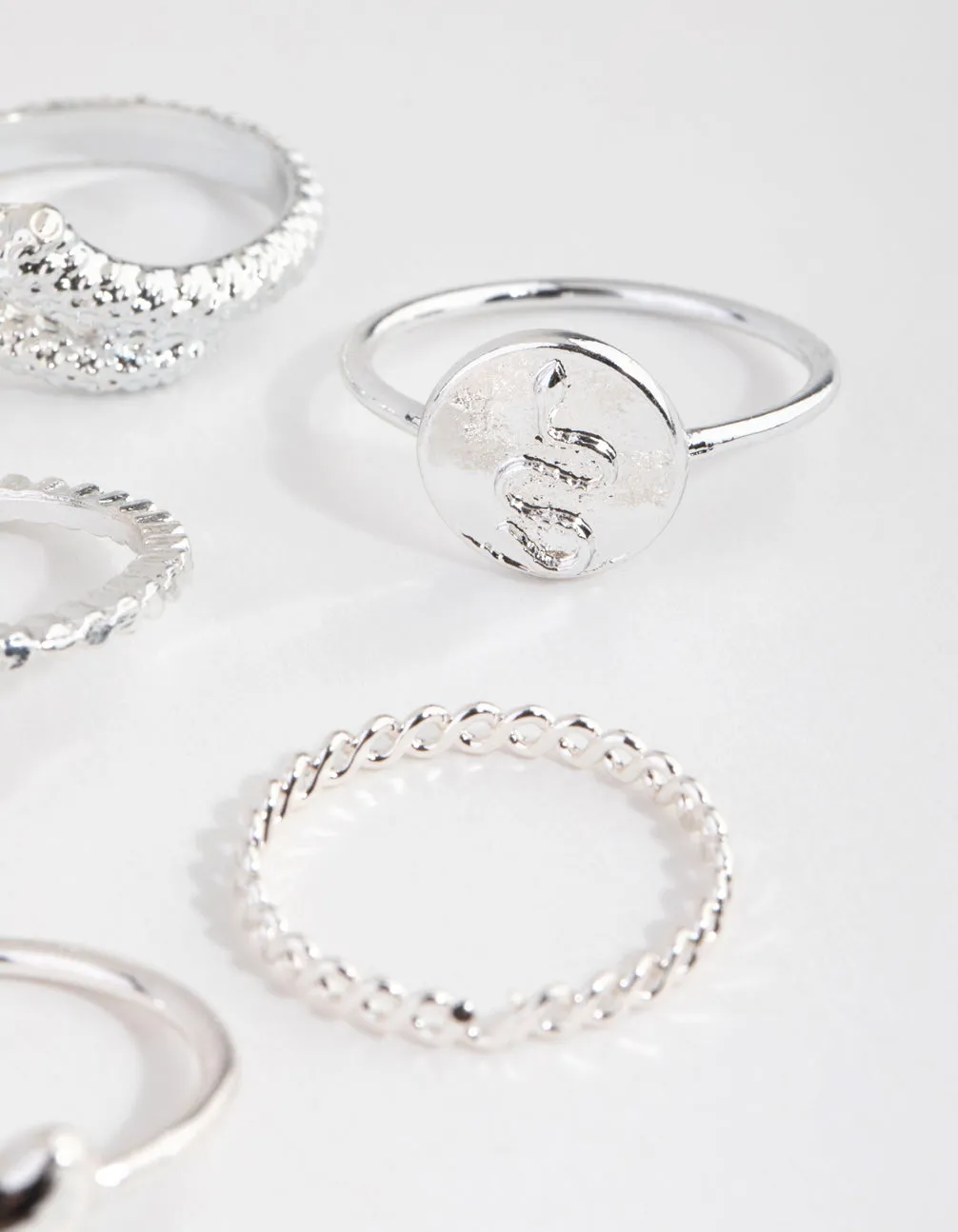 Silver Snake & Heart 7-Pack Rings