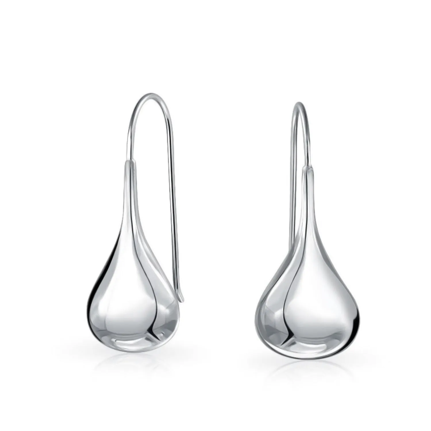 Simple Puffed Teardrop Dangle Earrings Sterling Silver Fishhook Threader