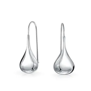 Simple Puffed Teardrop Dangle Earrings Sterling Silver Fishhook Threader