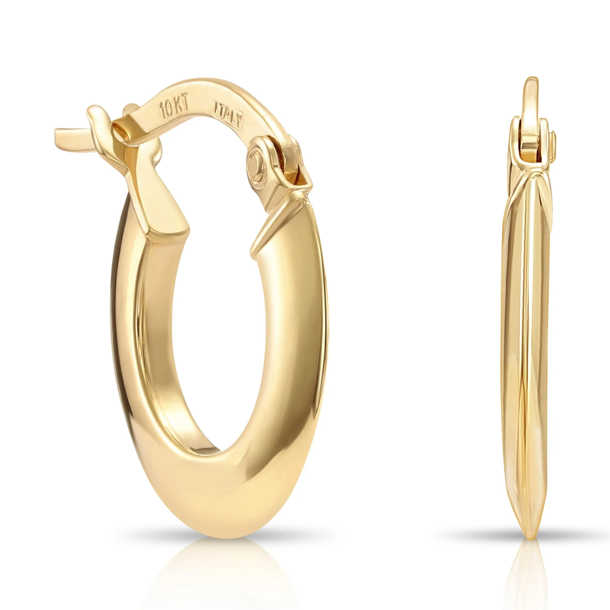 Solid 10K Yellow Gold Round Hoop Earrings, Italian Style, Shiny Flat Tube Hoops, 14mm