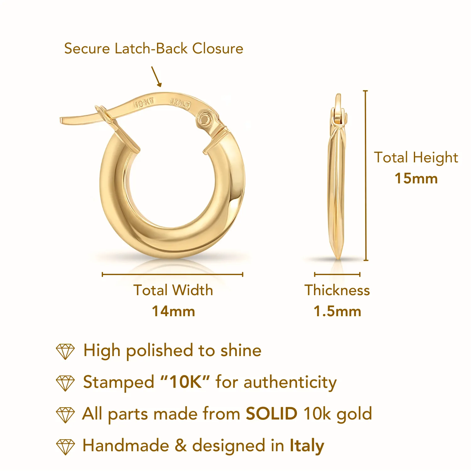 Solid 10K Yellow Gold Round Hoop Earrings, Italian Style, Shiny Flat Tube Hoops, 14mm