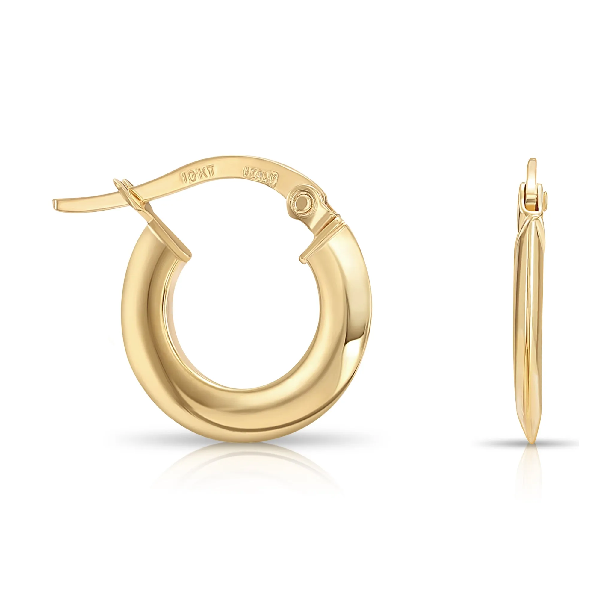 Solid 10K Yellow Gold Round Hoop Earrings, Italian Style, Shiny Flat Tube Hoops, 14mm