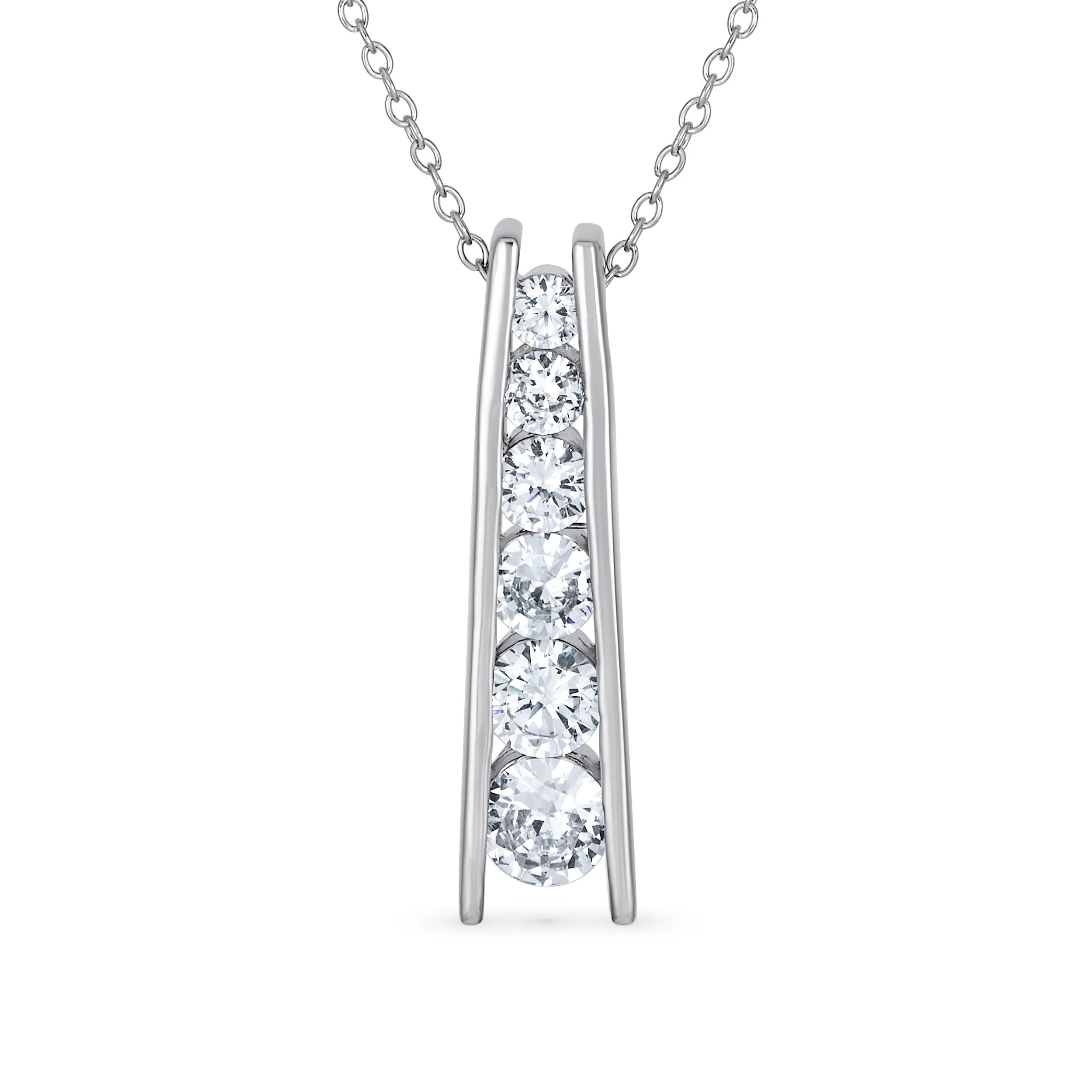 Solitaire CZ Round Graduated Pendant Necklace in Sterling Silver Journey Bar Design