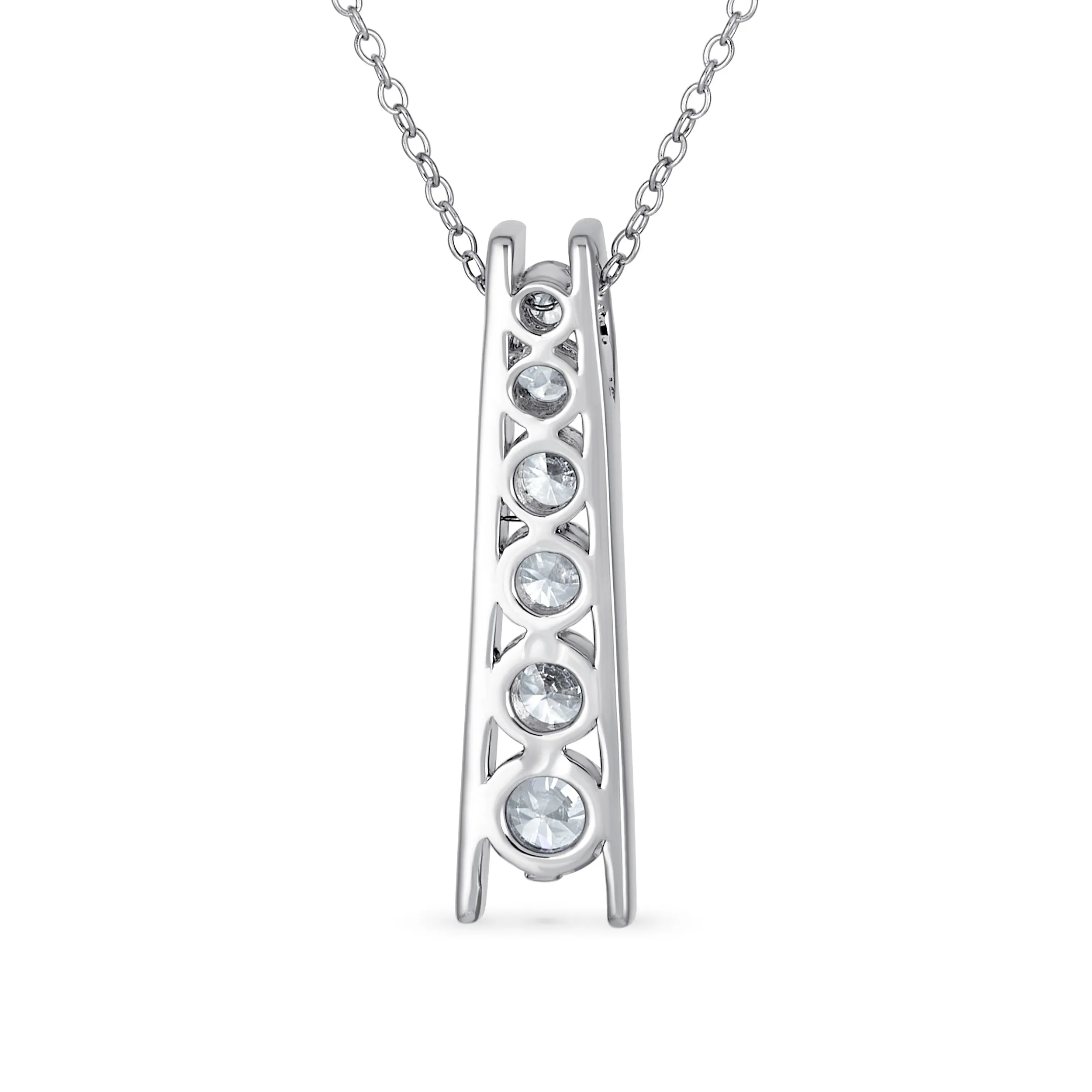 Solitaire CZ Round Graduated Pendant Necklace in Sterling Silver Journey Bar Design