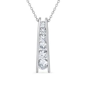 Solitaire CZ Round Graduated Pendant Necklace in Sterling Silver Journey Bar Design